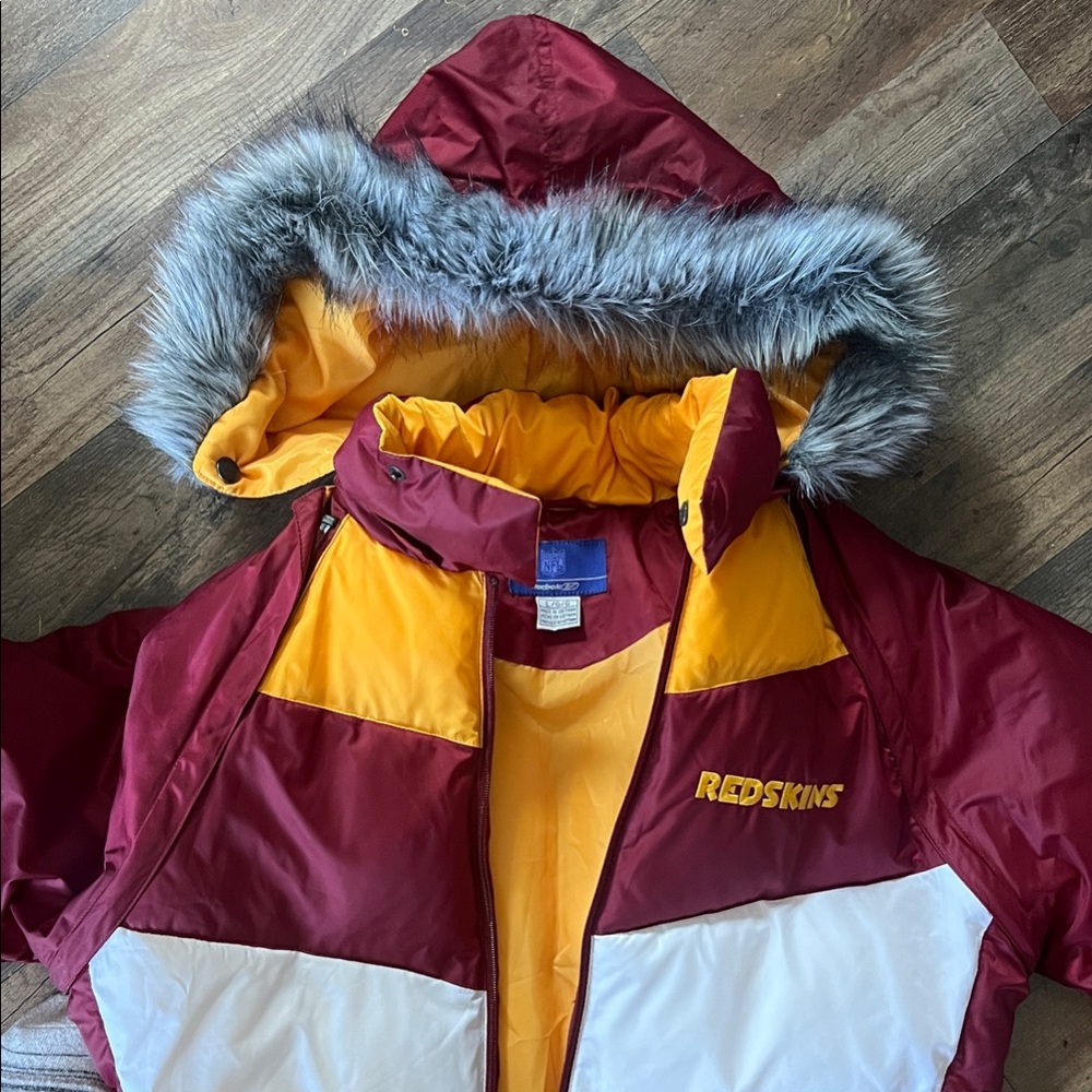 Redskins Kids Puffer Jacket with Fur Hood - Burgundy and Yellow